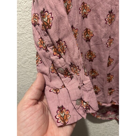 Knox Rose Top Women Large Pink Woodland Florals Button Up Linen Blend Asymmetric - Picture 5 of 7